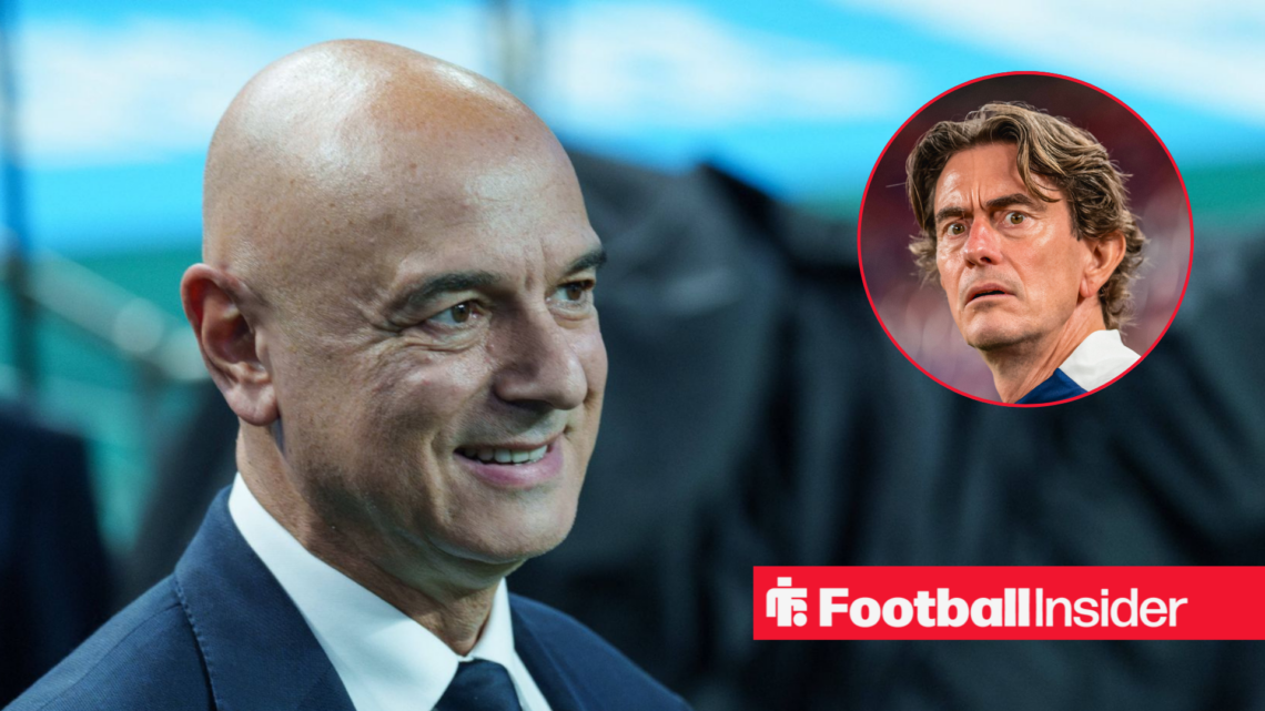 Daniel Levy grimacing on the left with Tottenham manager Thomas Frank in shock on the right