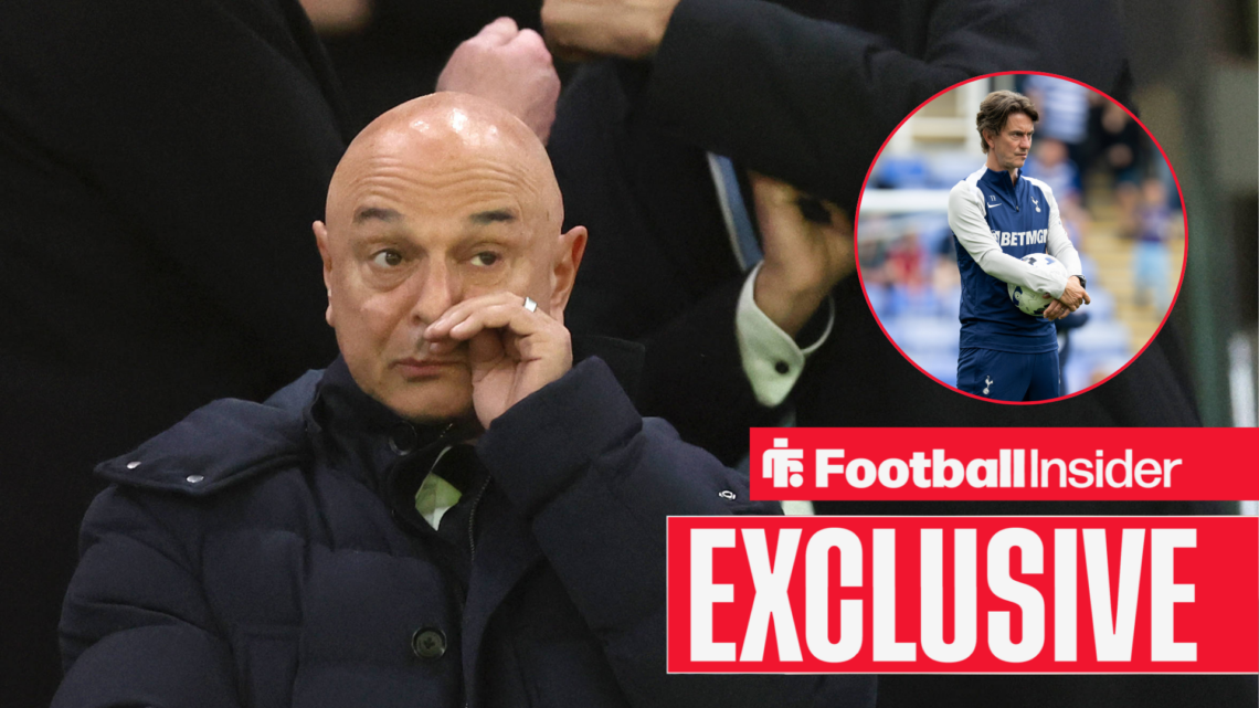 Daniel Levy in a black coat and Thomas Frank in a blue tracksuit