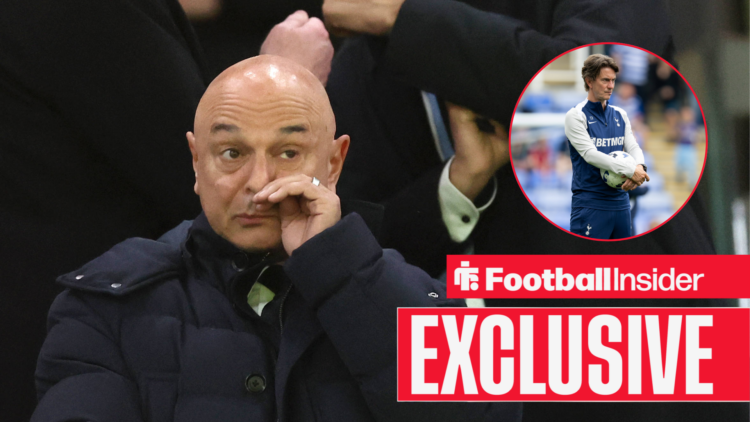 Daniel Levy in a black coat and Thomas Frank in a blue tracksuit
