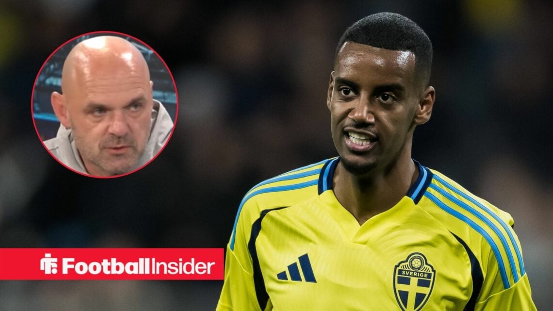 Danny Murphy on the left talking with Alexander Isak on the right grimacing in a yellow Sweden shirt