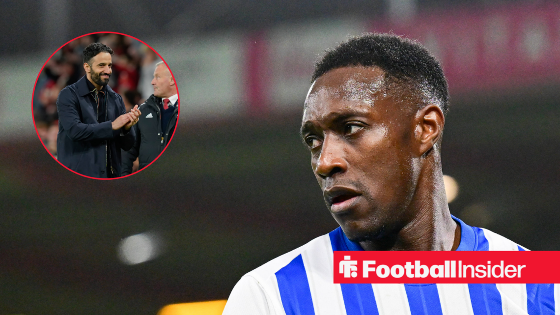 Ruben Amorim in a black coat and Danny Welbeck in a blue and white red circle