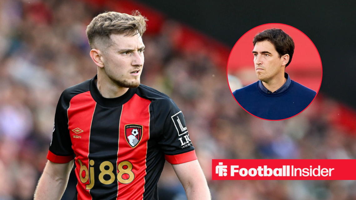 Bournemouth's David Brooks in action staring at boss Andoni Iraola who looks back right inset