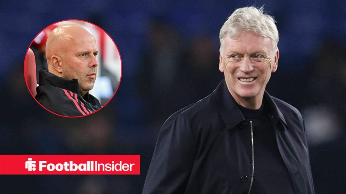 David Moyes smiling, Arne Slot in a circular inset