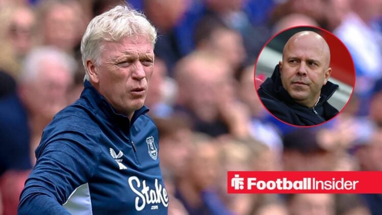 David Moyes shouting on the sidelines, Arne Slot in a circular inset