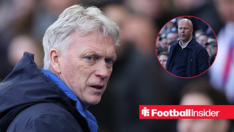 David Moyes on the touchlines, Arne Slot in a circular inset