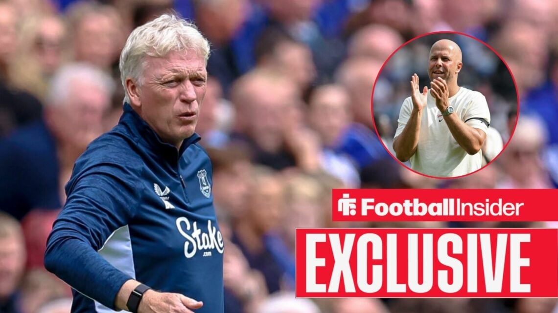 David Moyes angry on the sidelines, Arne Slot clapping in a circular inset, exclusive banner