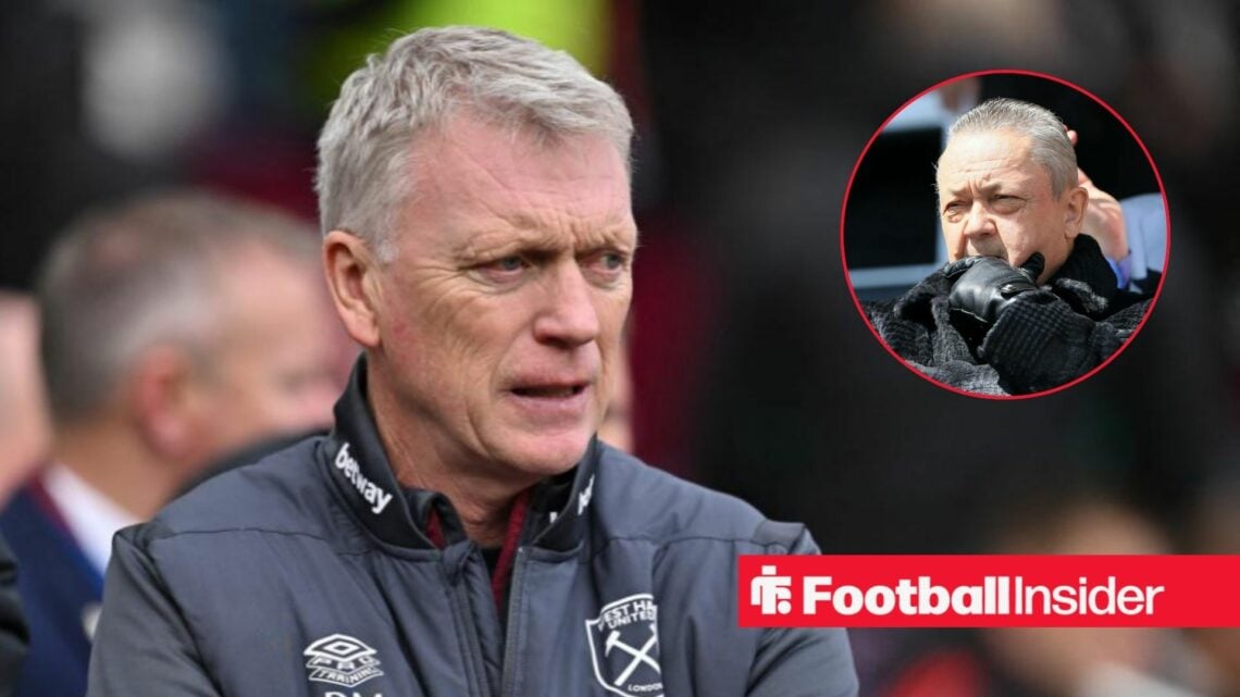 David Moyes on the sidelines for West Ham, with David Sullivan in a circular inset