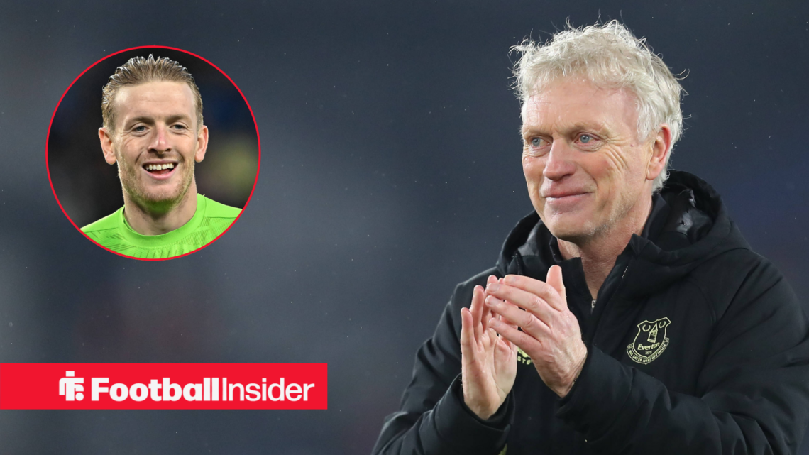 Everton manager David Moyes smiling and clapping supporters, alongside a circular inset of Everton goalkeeper Jordan Pickford.