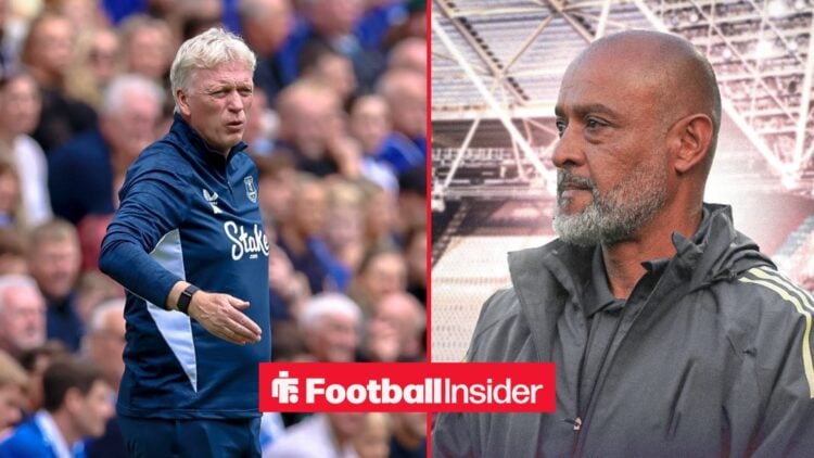 Everton boss David Moyes on the touchline alongside an image of West Ham boss Nuno Espirito Santo at the London Stadium