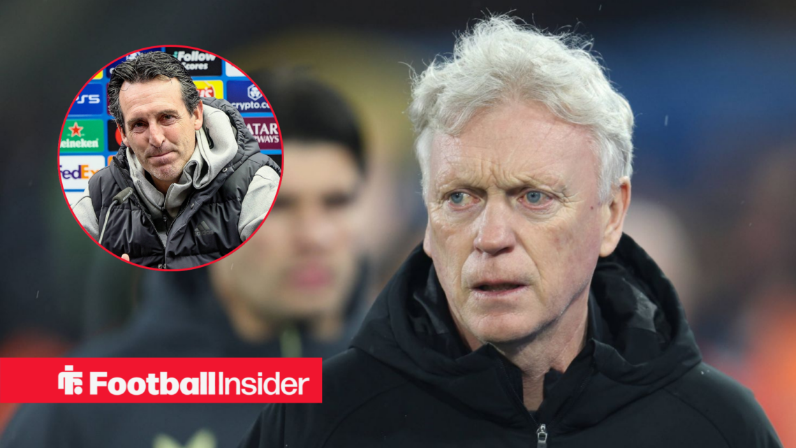 David Moyes on the sidelines, Unai Emery in a circular inset