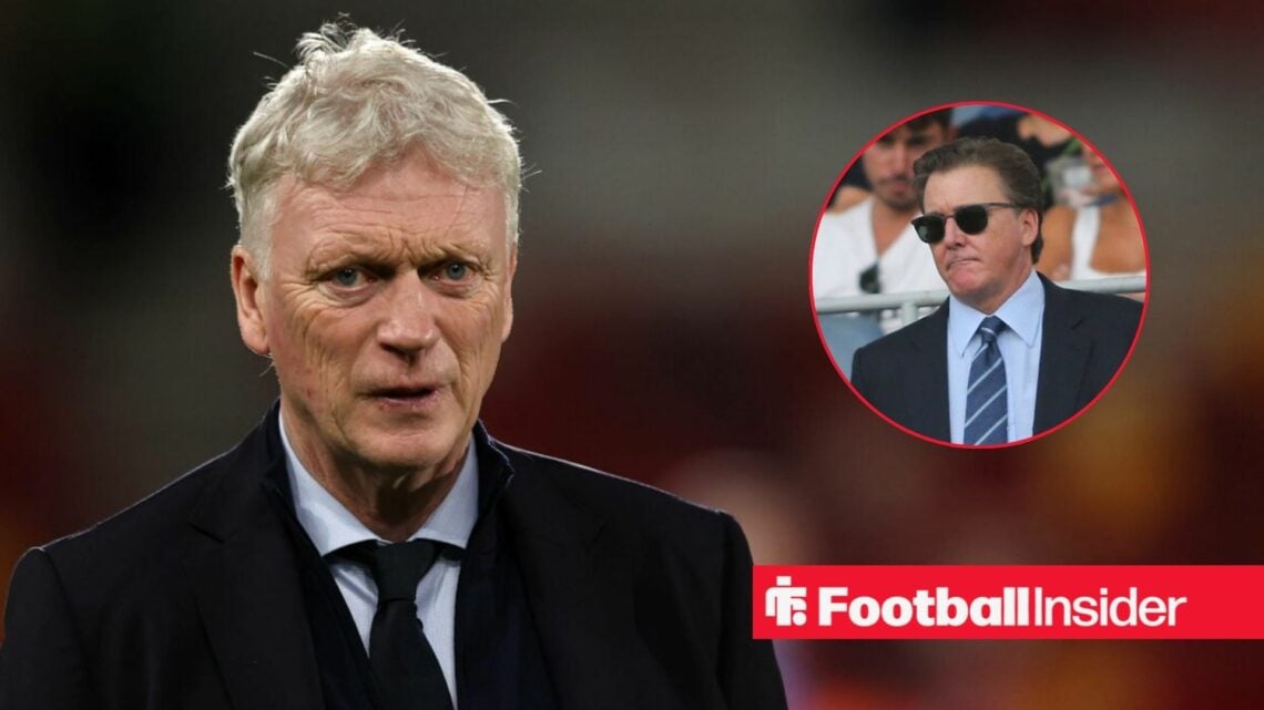 Everton manager David Moyes stares ahead with owner an chairman Dan Friedkin looking at him from the stands