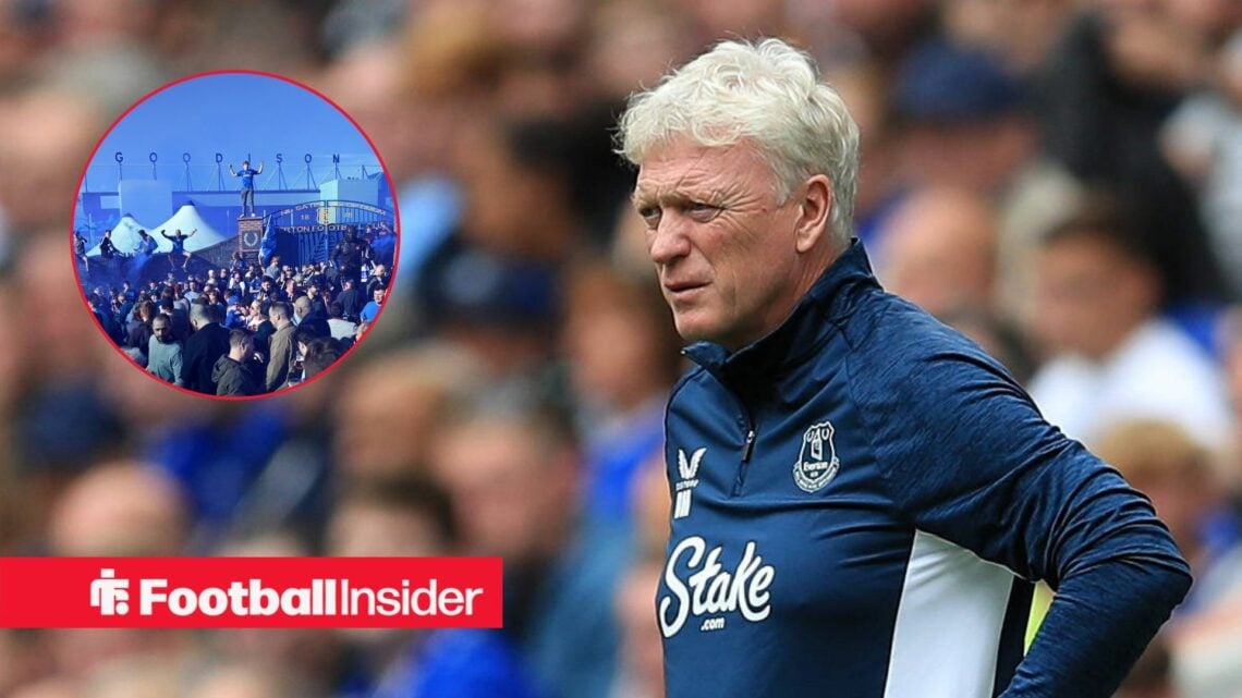 Everton fans with blue flares on the left next to a frustrated David Moyes on the right