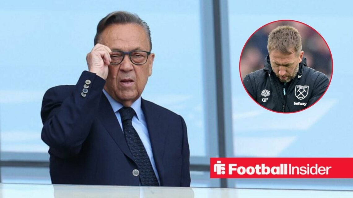 David Sullivan in the stands at the London Stadium, with Graham Potter in a circular inset