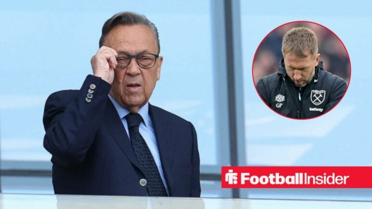 David Sullivan in the stands at the London Stadium, with Graham Potter in a circular inset