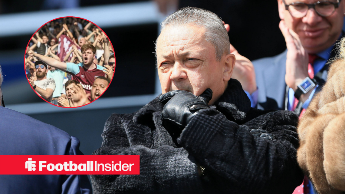 David Sullivan with his hand on his chin with West Ham fans included in a circular inset
