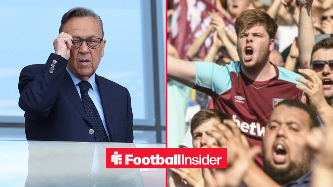 David Sullivan holding his glasses alongside West Ham fans at the London Stadium
