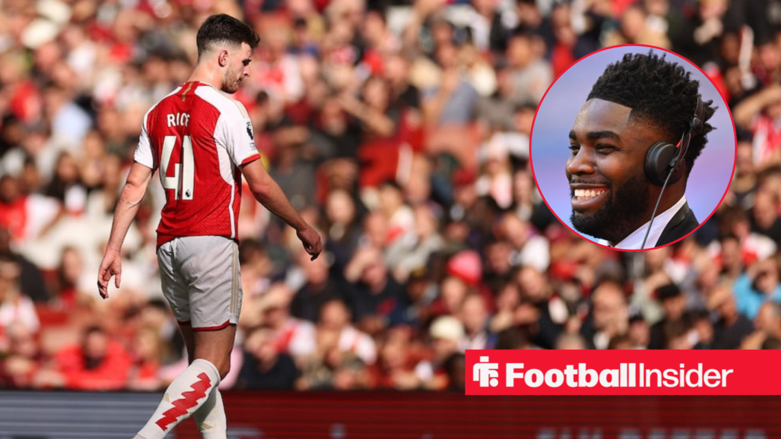 Arsenal midfielder Declan Rice alongside a circular inset of pundit Micah Richards