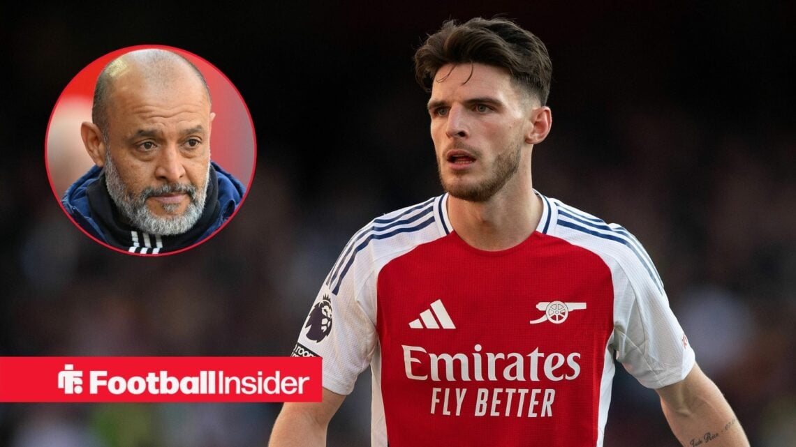 Arsenal midfielder Declan Rice alongside a circular inset of West Ham manager Nuno Espirito Santo