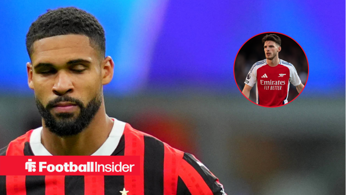 Ruben Loftus-Cheek in an AC Milan shirt next to an image of Declan Rice in his Arsenal kit