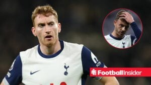 Dejan Kulusevski in a white Tottenham kit and James Maddison inset