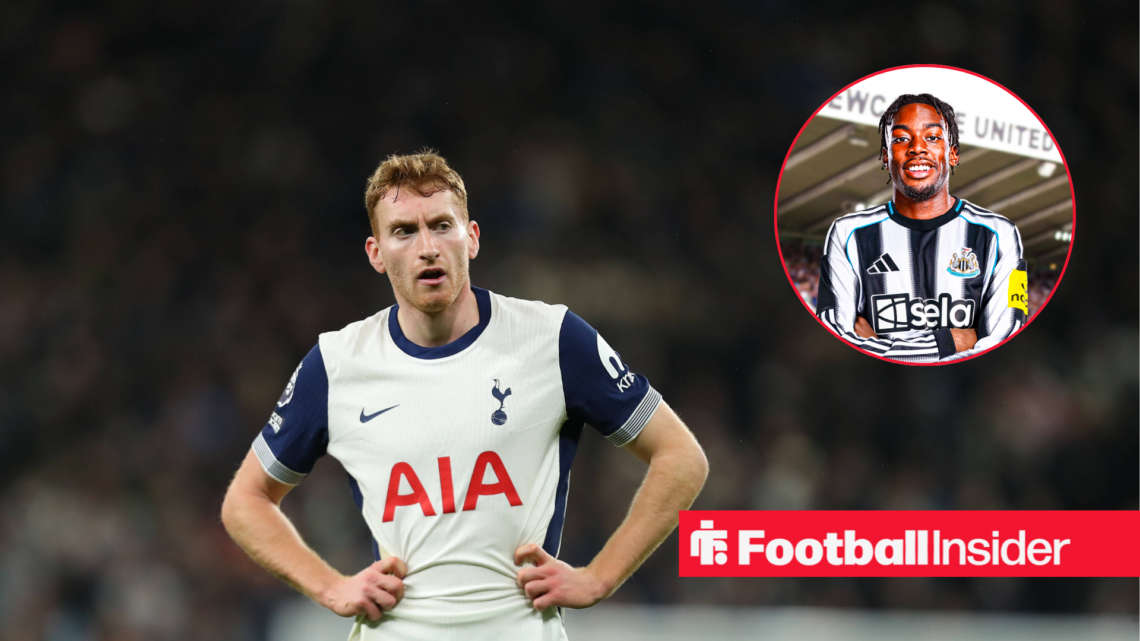 Dejan Kulusevski in a white Tottenham kit and Anthony Elanga in a black and white Newcastle kit in a red circle