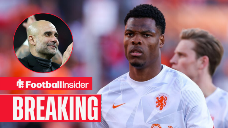 Denzel Dumfries in action for the Netherlands, with Pep Guardiola in a circular inset