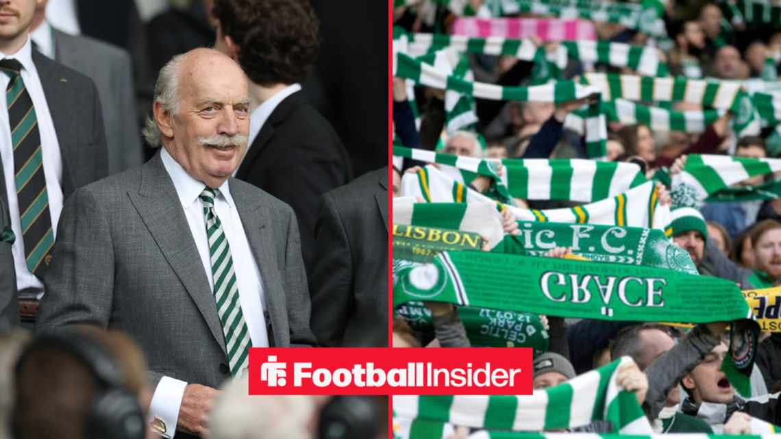 Celtic owner Dermot Desmond alongside Celtic supporters holding up club scarves