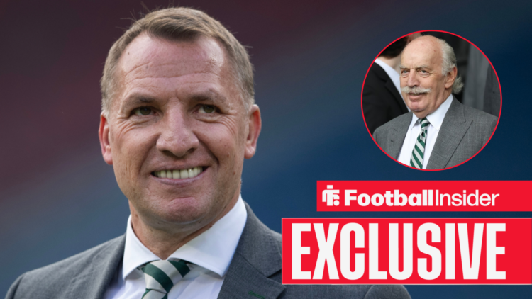 Brendan Rodgers smiling, Dermot Desmond in a circular inset