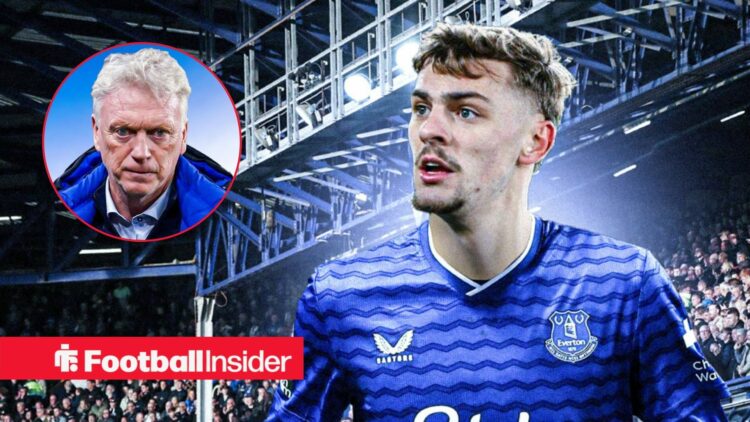 Dewsbury-Hall in an Everton shirt, David Moyes in a circular inset