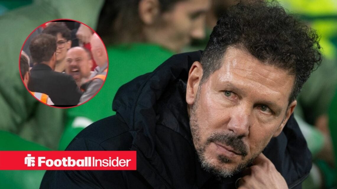 Diego Simeone clashing with Liverpool supporters in inset
