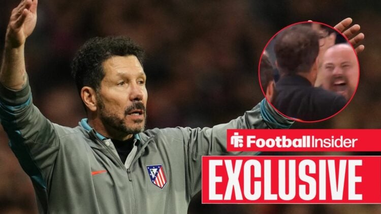 Diego Simeone with his hands out in a grey tracksuit and the incident in inset