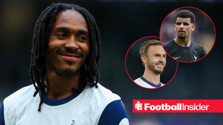 Djed Spence smiling in Tottenham shirt with James Maddison and Dominic Solanke