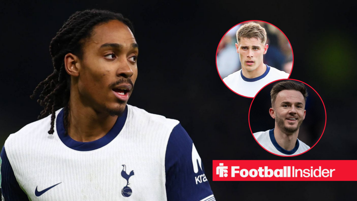 Djed Spence in Tottenham shirt with Micky van de Ven and James Maddison insets