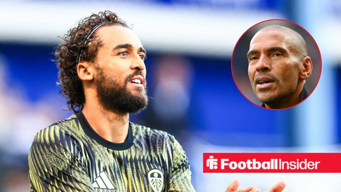 Dominic Calvert-Lewin smiling on the left-hand side with Stan Collymore on the right looking focused