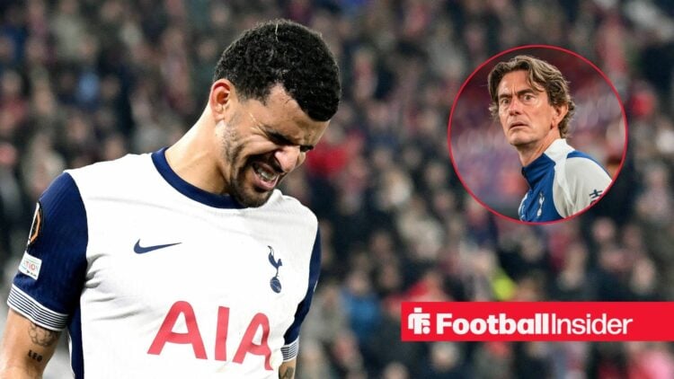 Dominic Solanke in pain, Thomas Frank in a circular inset