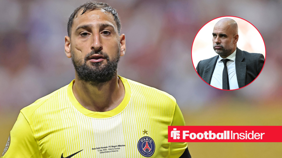 Gianluigi Donnarumma in a PSG kit, Pep Guardiola in a circular inset