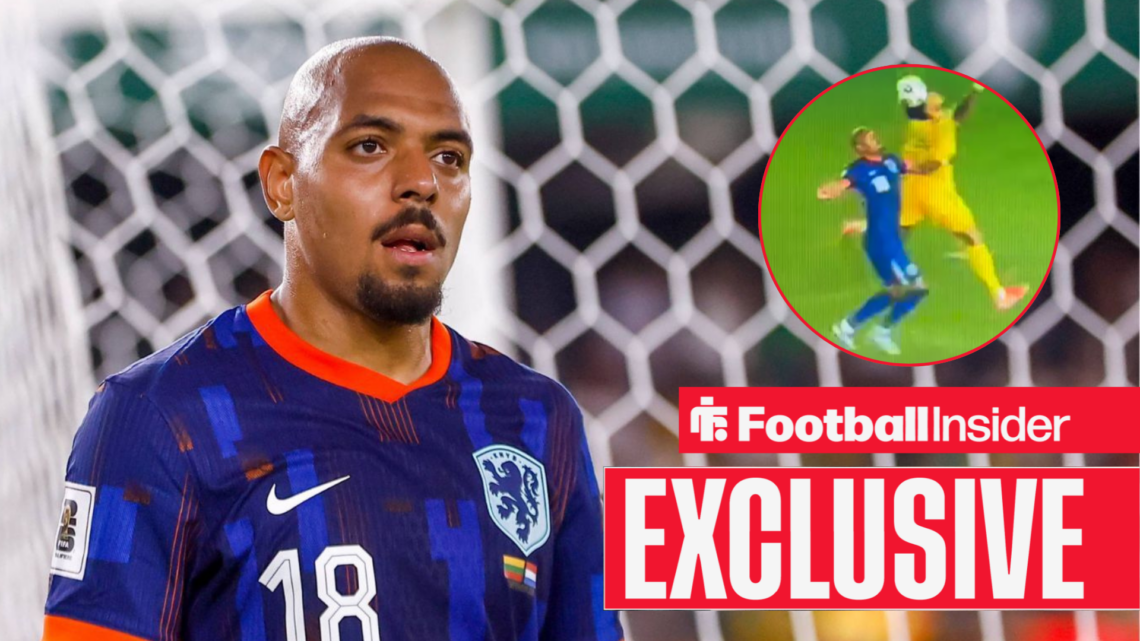 Donyell Malen looking dejected in a Netherlands kit, Aston Villa winger's foul in a circular inset