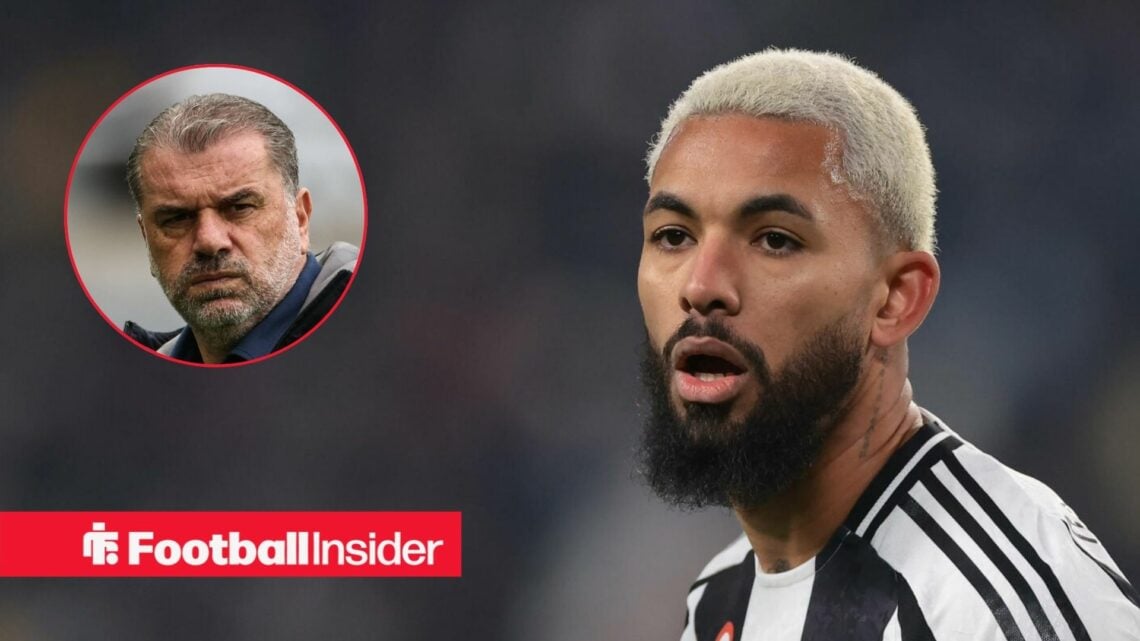 Douglas Luiz alongside a circular inset of Ange Postecoglou