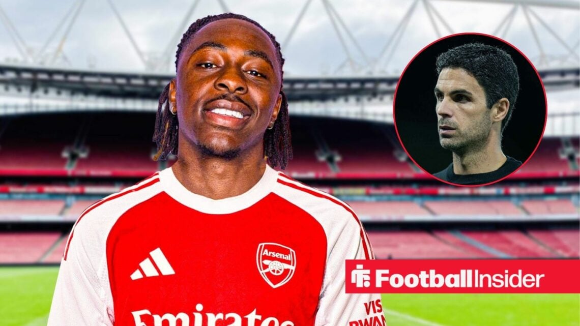 Eberechi Eze in a red Arsenal shirt next to a headshot of Mikel Arteta