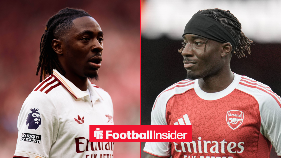Arsenal's Eberechi Eze and Noni Madueke each in action looking at each other