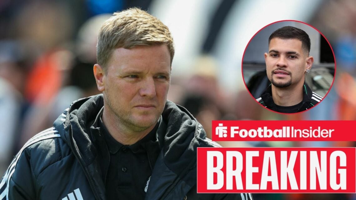 Newcastle manager Eddie Howe alongside a circular inset of Bruno Guimaraes