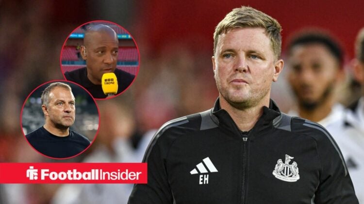 Newcastle boss Eddie Howe with pundit Dion Dublin and Barcelona manager Hansi Flick both left insets