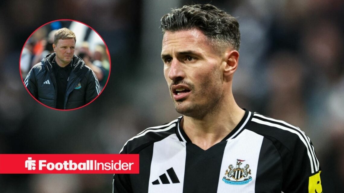 Newcastle United boss Eddie Howe in a circular frame alongside defender Fabian Schar