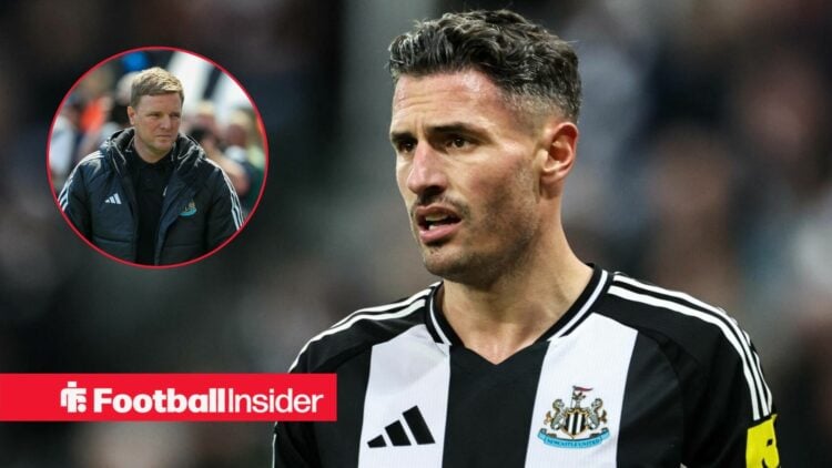 Newcastle United boss Eddie Howe in a circular frame alongside defender Fabian Schar