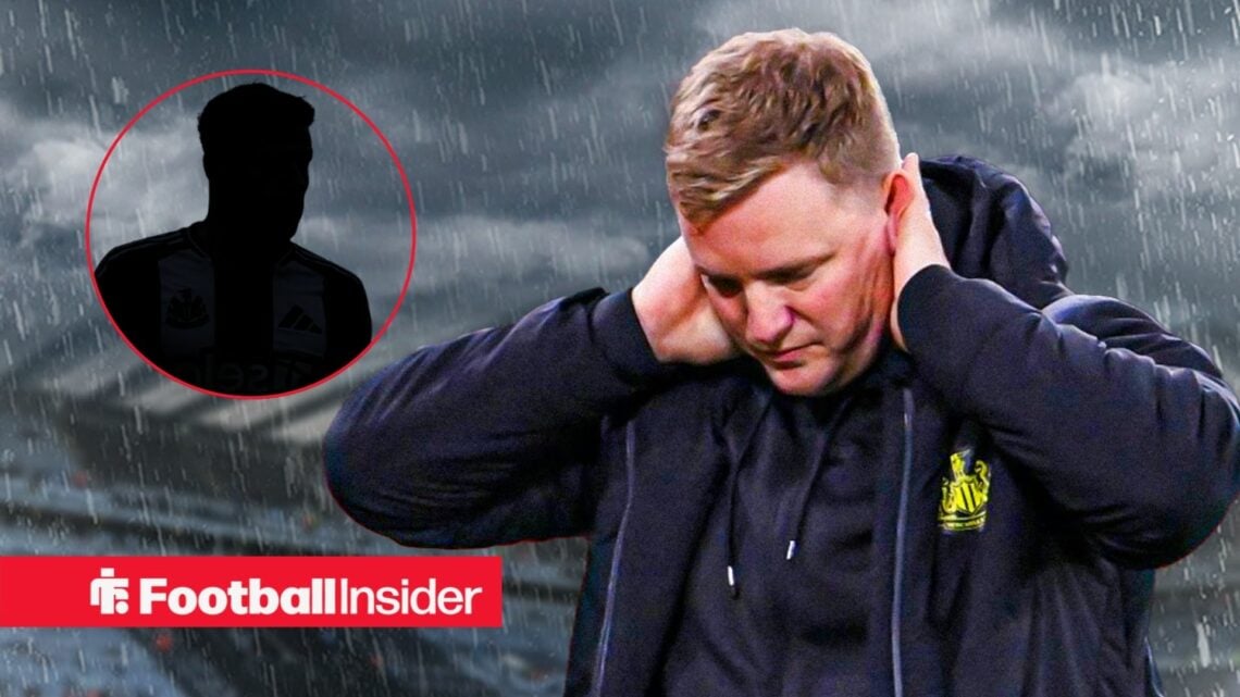 Eddie Howe in the pouring rain, Harvey Barnes' silhouette in a circular inset