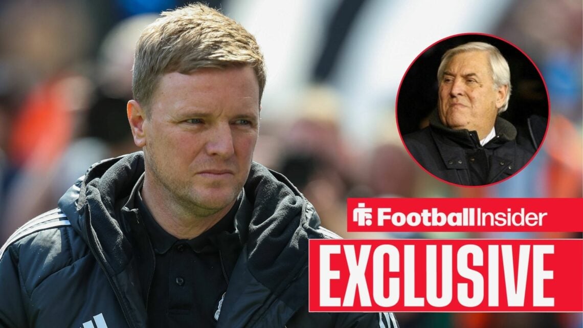 Newcastle manager Eddie Howe alongside a circular inset of Keith Hackett