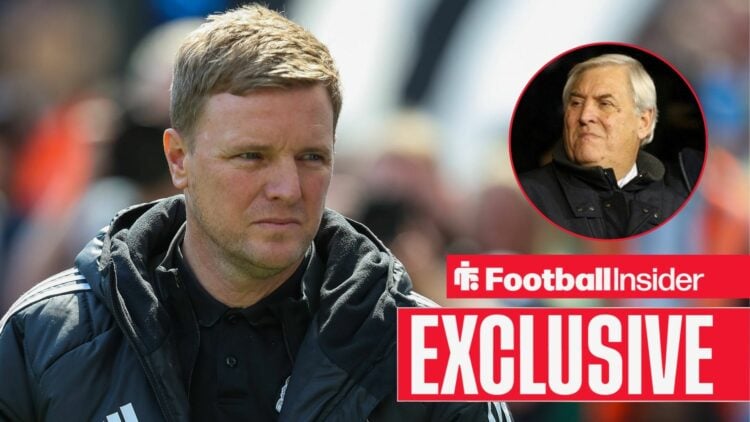 Newcastle manager Eddie Howe alongside a circular inset of Keith Hackett