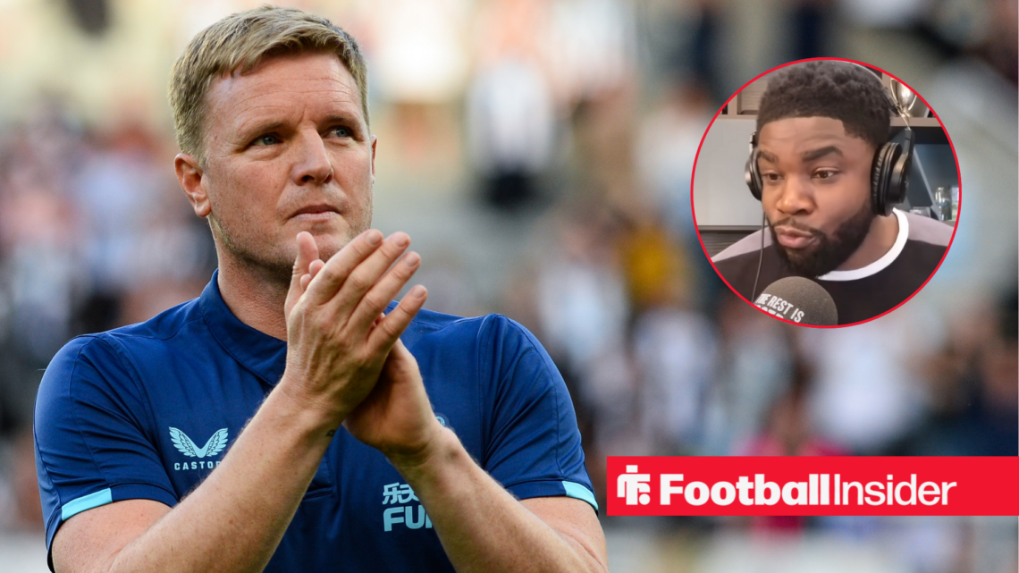 Eddie Howe clapping at St James' Park, Micah Richards in a circular inset