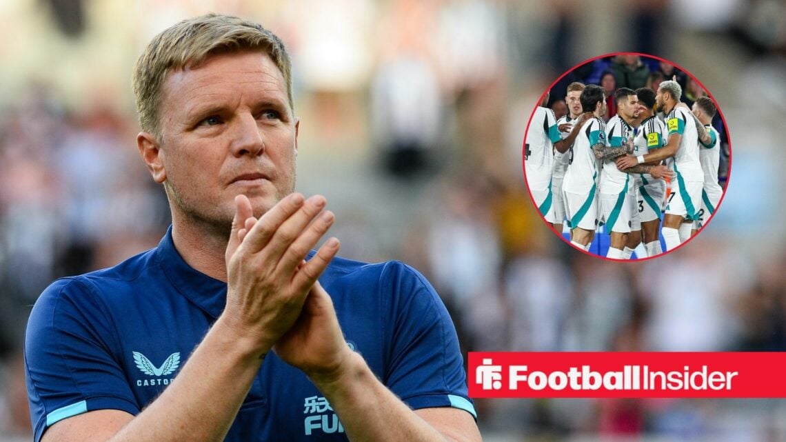 Eddie Howe clapping, Newcastle United squad in a circular inset