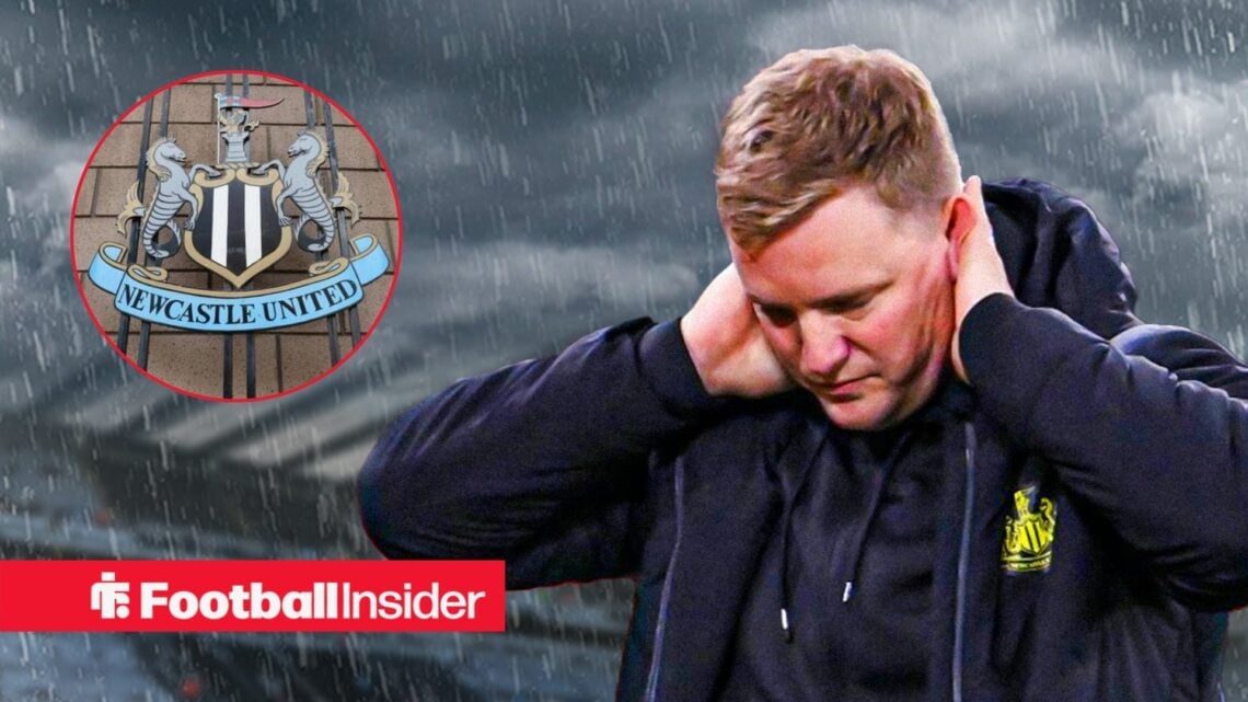 Eddie Howe looking concerned alongside an image of the Newcastle badge in a circular frame